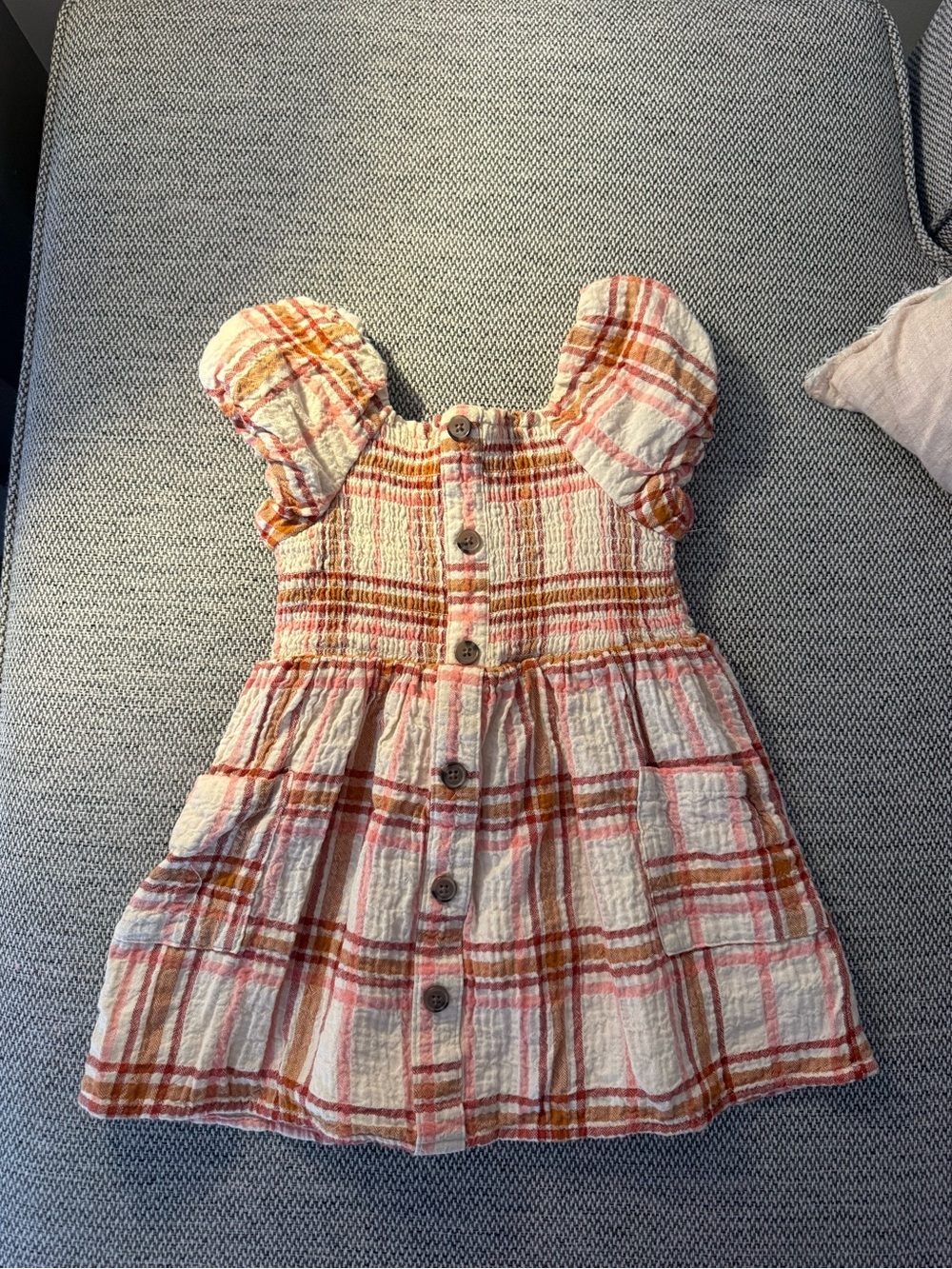 Cat & Jack Cream Plaid Button-Front Dress with Puff Sleeves in Pink and Tan